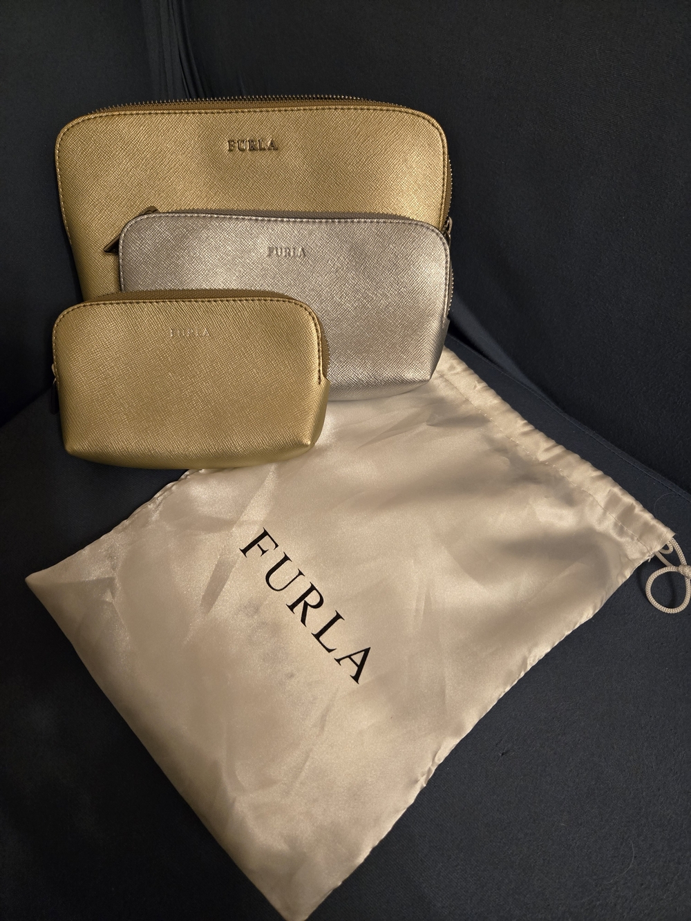 Furla Metallic Trio Cosmetic Pouch Set in Gold and Silver